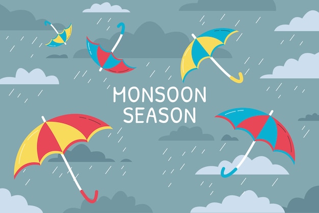 Bezpłatny wektor płaskie tło sezonu monsunowego z parasolami