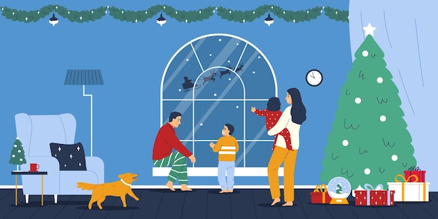 Bezpłatny wektor płaskie tło świąteczne z rodziną we wnętrzu domu ozdobione girlandami i ilustracji wektorowych choinki