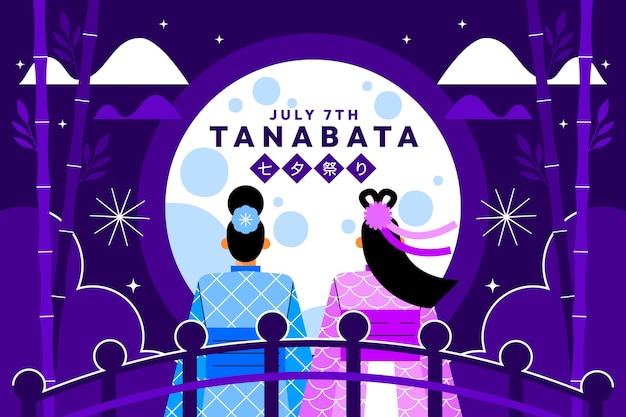 Bezpłatny wektor płaskie tło tanabata z parą na moście w pełni księżyca