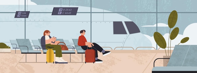 Bezpłatny wektor płaskie wnętrze poczekalni lotniska z siedzeniami i pasażerami