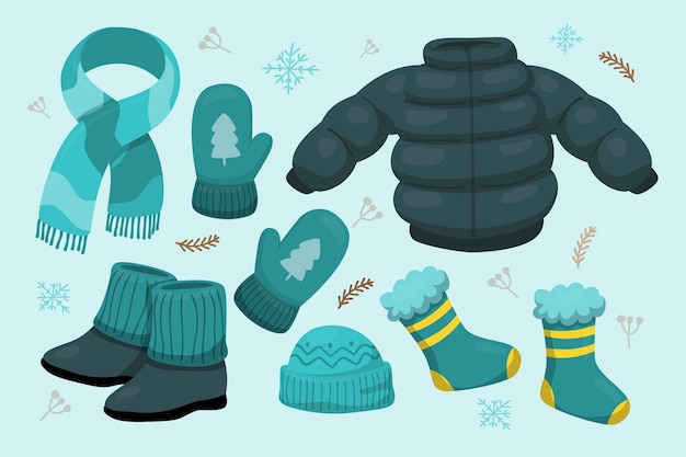 Płaskie zimowe ubrania i niezbędniki