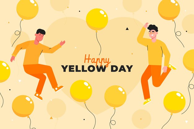 Płaskie żółte Tło Z Płynącymi Mężczyznami I Balonami