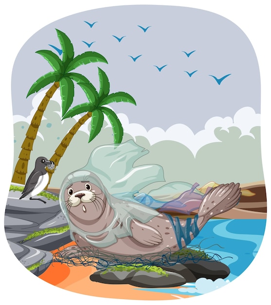 Bezpłatny wektor plastic pollution seal pokryty plastikiem na plaży