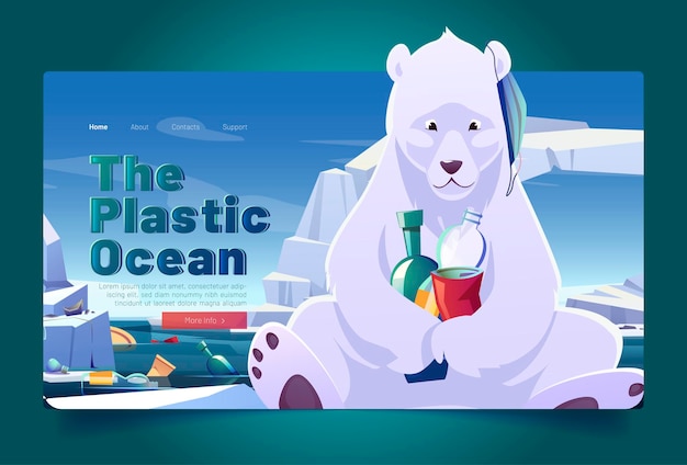 Bezpłatny wektor plastikowa strona docelowa oceanu z niedźwiedziem polarnym, foką
