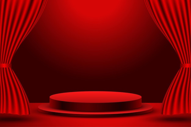 Bezpłatny wektor platforma podium 3d do wyświetlania produktów z czerwoną kurtyną kinową