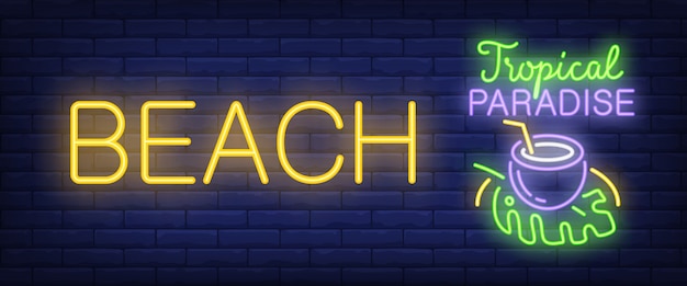 Bezpłatny wektor plaża, tropikalny raj neon tekst z koktajl