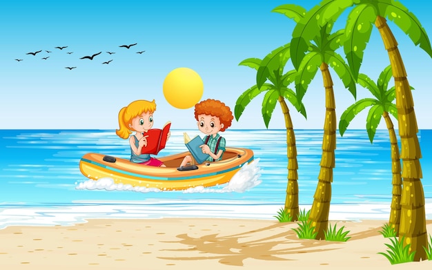 Bezpłatny wektor plażowa sceneria z dziećmi w pontonu