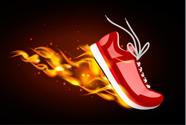 Płonące buty sportowe realistyczna ilustracja czerwonej tenisówki w dynamice z ogniem spod podeszwy