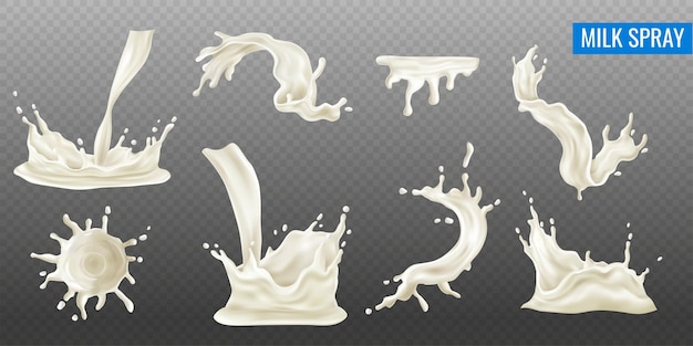 Plusk mleka i spray realistyczny przezroczysty zestaw na białym tle