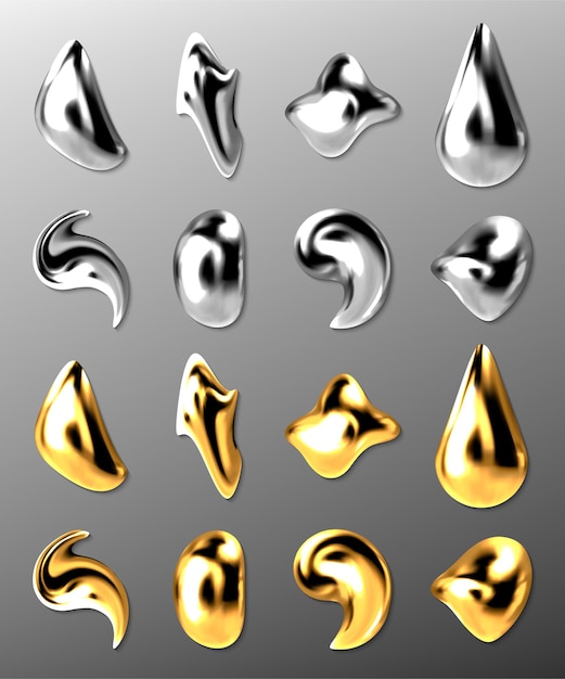 Bezpłatny wektor płynne krople złota lub srebra, 3d abstrakcyjna rtęć i kapie złoty metal