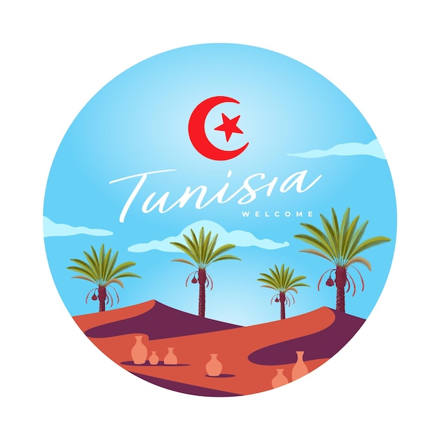 Pocztówka Tunezja Pustynia I Palmy W Tle Pamiątki Pocztówka Z Widokiem Na Przyrodę Premium Wektorów
