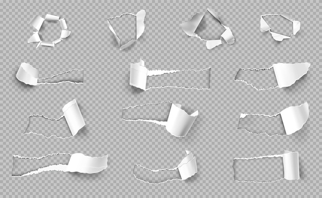 Bezpłatny wektor podarty papier z krawędziami o różnych kształtach realistyczny przezroczysty zestaw na białym tle