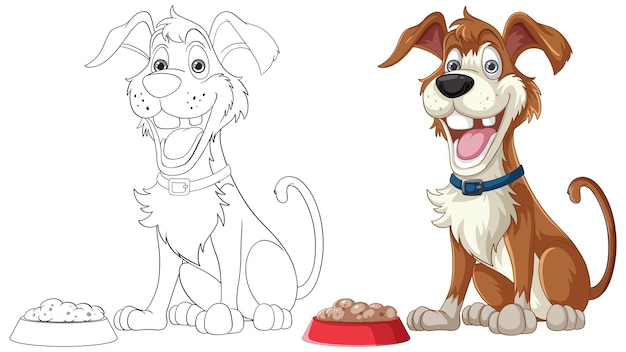Bezpłatny wektor podekscytowany pies z kreskówki siedzący przed jedzeniem