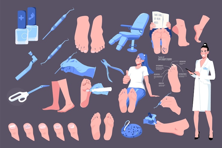 Bezpłatny plik Wektor podiatria choroby stóp płaski zestaw izolowanych ikon z zaopatrzeniem medycznym ludzkich stóp i ilustracji wektorowych podpisów tekstowych