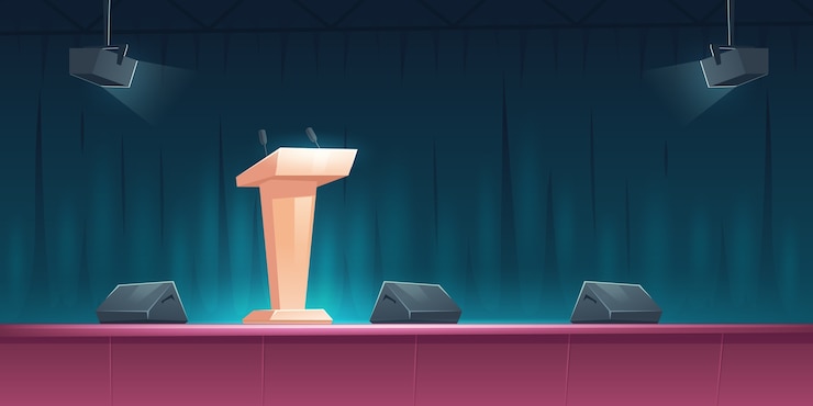 Bezpłatny plik Wektor podium, trybuna z mikrofonami na scenie dla mówcy na konferencji, wykładzie lub debacie. ilustracja kreskówka pustej sceny do prezentacji i wydarzenia publicznego z amboną i reflektorami