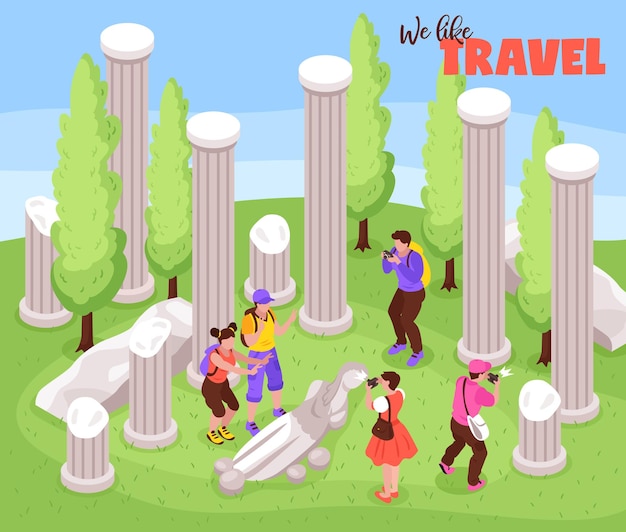 Bezpłatny wektor podróż podróż wakacyjna wycieczka izometryczna kompozycja z turystami wśród antycznych zabytkowych rzeźb filarów tworzących zdjęcia ilustracyjne