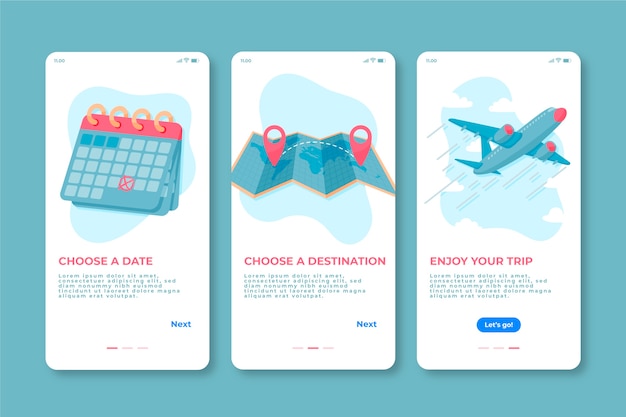 Bezpłatny wektor podróżuj po ekranach aplikacji
