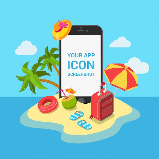 Podróży bilety lotnicze resort hotel rezerwacja aplikacji mobilnej koncepcji. Telefon na zwrotnik wyspy plaży wektoru ilustraci.