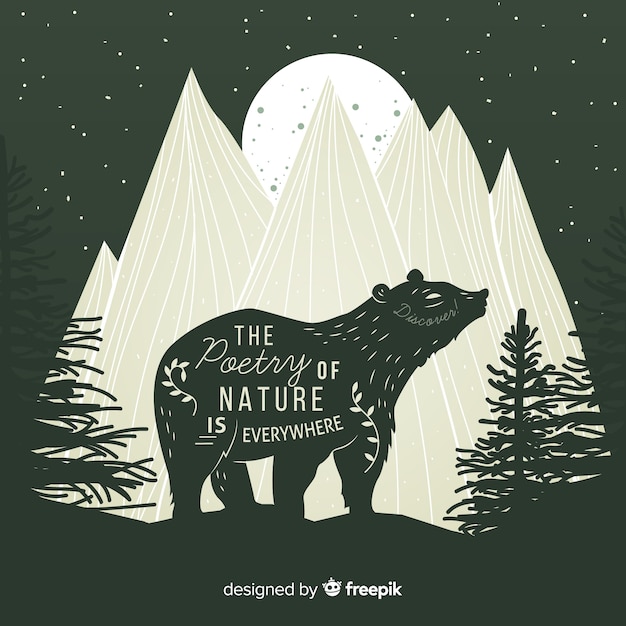 Bezpłatny wektor poezja natury jest wszędzie. napis na dzikim niedźwiedziu w górach