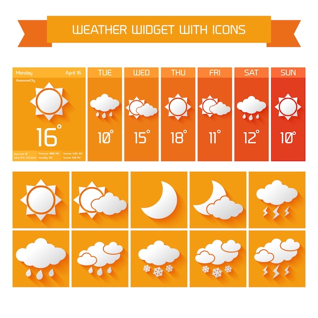 Bezpłatny wektor pogoda rozszerzone prognozy komputerowe i mobilne pionowe widgety z ikony kolekcji biznesowych w pomarańczowy odizolowane ilustracji wektorowych