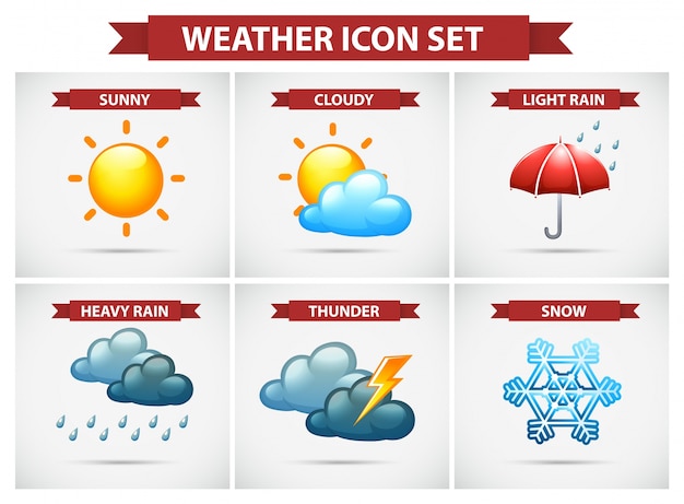 Bezpłatny wektor pogoda zestaw ikon z wieloma warunkami pogodowymi