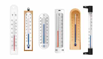 Bezpłatny wektor pogodowy termometr etanolowy z celsjusza i fahrenheita skaluje realistyczną kolekcję izolowanych ilustracji wektorowych