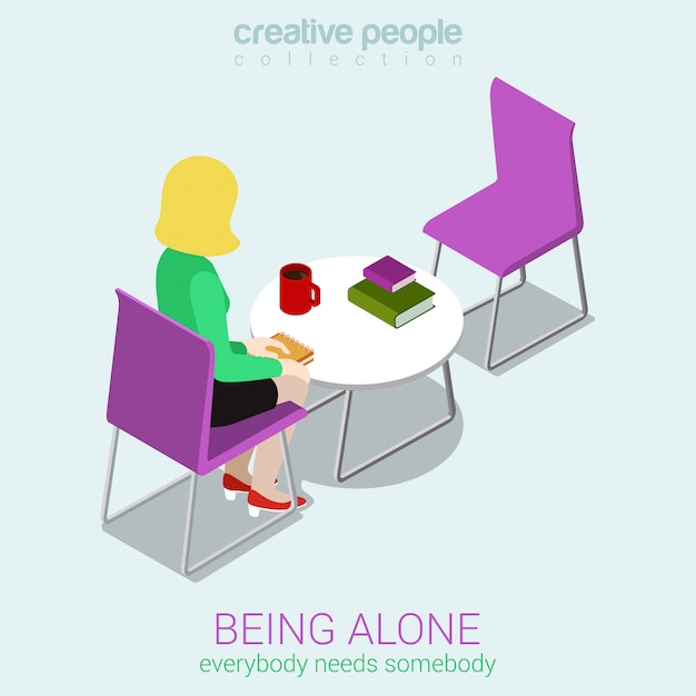 Bezpłatny wektor pojęcie samotności. kobieta siedzi samotnie przy stolik do kawy naprzeciw pustego krzesła isometric ilustraci