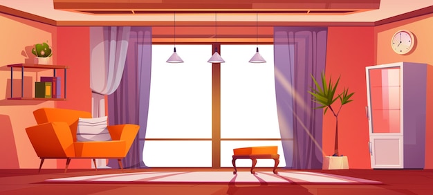 Pokój dzienny z meblami i panoramicznym oknem Ilustracja kreskówka wektor pusty nowoczesny salon wnętrze z półkami szafki pufa sofa i duże okno z pustą białą przestrzenią