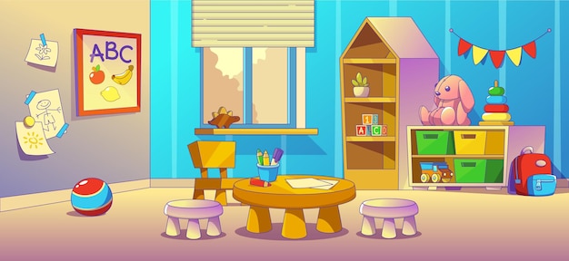 Bezpłatny wektor pokój przedszkolny dla dzieci do zabawy w kreskówki wnętrze klasy szkolnej i placu zabaw dla dzieci koncepcja 2d z stołem, krzesłem, półką domową i zamkniętą opieką dzienną w przedszkolu