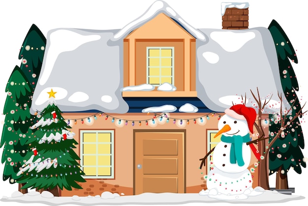 Bezpłatny wektor pokryty śniegiem dom ozdobiony świątecznymi elementami