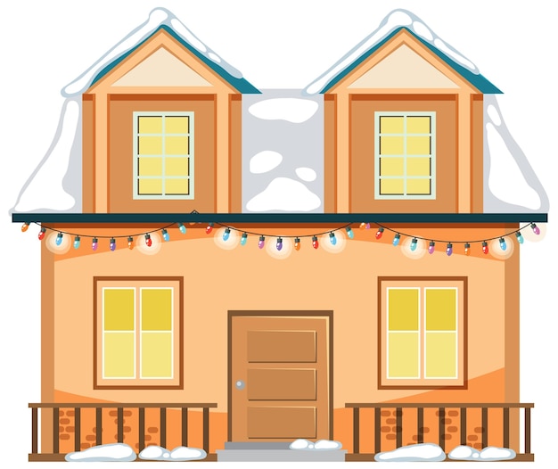 Bezpłatny wektor pokryty śniegiem dom z bożonarodzeniowym sznurkiem świetlnym