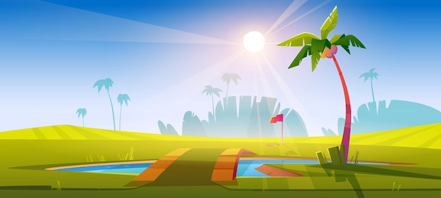 Pole golfowe z zieloną trawą, stawem z mostem i palmami. Wektor kreskówka tropikalny krajobraz boiska sportowego z otworem na piłkę golfową, słup z czerwoną flagą i jeziorem