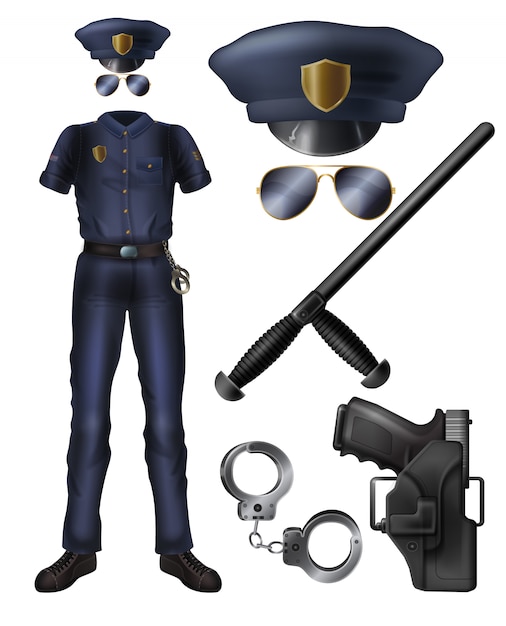 Bezpłatny wektor policjant lub strażnik mundur, broń, akcesoria kreskówka zestaw.