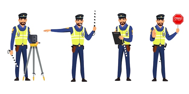 Policjant regulujący ruch zestaw Policjant zatrzymując stojący z urządzeniem aparatu pokazującym znak stop dający sygnał do jazdy Bezpieczna jazda ilustracji wektorowych Mężczyzna w mundurze na białym tle
