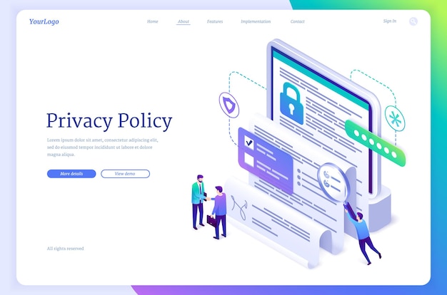 Polityka Prywatności Izometryczna Strona Docelowa, Ochrona Danych, Bezpieczeństwo Cyfrowe, Bezpieczeństwo Danych Osobowych W Internecie. Ludzie Biznesu Uścisk Dłoni Na Ekranie Urządzenia Z Dokumentem 3d Wektorowy Baner Internetowy