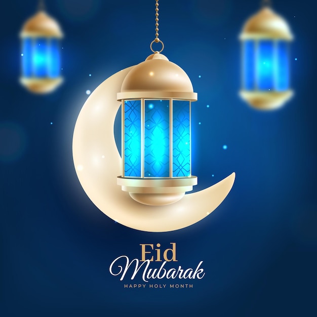 Półksiężyc i realistyczne niebieskie światło Eid Mubarak