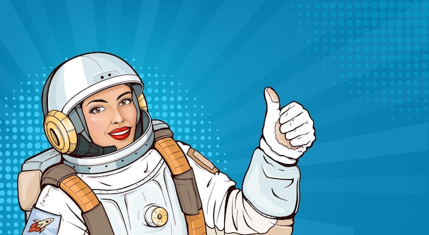 Pop Art Astronauta Dziewczyna W Skafandrze Kosmicznym Pokazując Kciuk Do Góry Lub Jak Gest Uśmiechnięta Kobieta Kosmonauta W Kasku I Mundurze Do Eksploracji, Wykazując Znak Zatwierdzenia Na Niebieskim Tle Półtonów