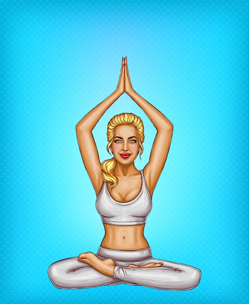Bezpłatny wektor pop-artu uśmiechnięta blondynka robi joga, siedząc w pozycji lotosu lub padmasana