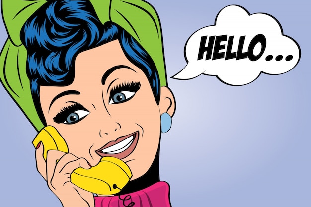 Pop sztuki cute retro kobieta w komiks stylu rozmawia przez telefon