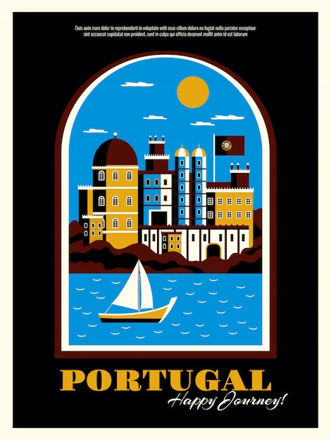 Bezpłatny wektor portugalia turystyki plakat z budynków oceanem i łódkowatymi symbolami płaska wektorowa ilustracja