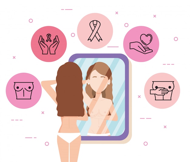 Bezpłatny wektor postać kobiety przed lustrzanym testem raka piersi