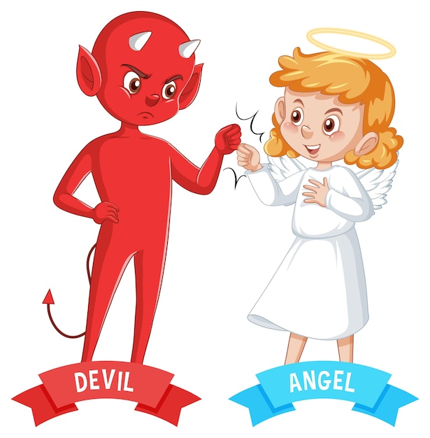 Bezpłatny wektor postać z kreskówki diabła i anioła na białym tle