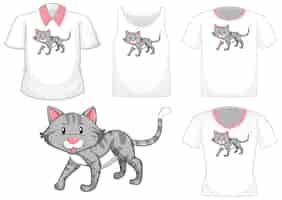 Bezpłatny wektor postać z kreskówki kota z zestawem różnych koszul na białym tle