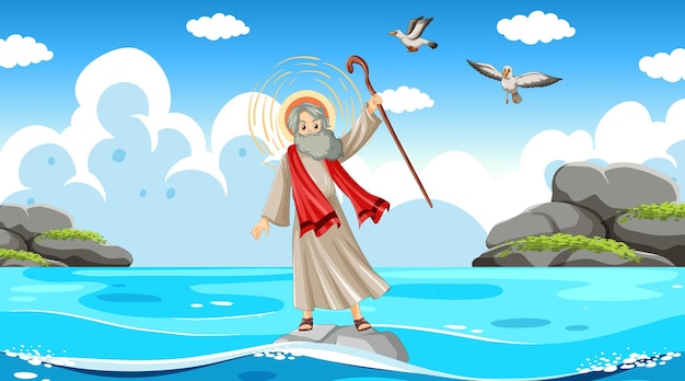 Bezpłatny wektor postać z kreskówki mojżesza z tłem morza
