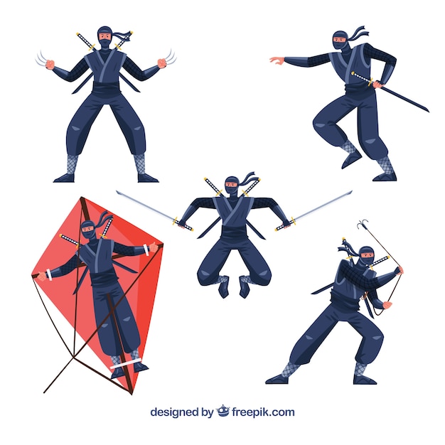 Bezpłatny wektor postać z kreskówki ninja w różnych pozach