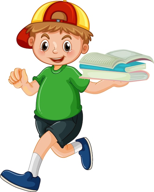 Bezpłatny wektor postać z kreskówki szczęśliwy chłopiec trzymająca wiele książek
