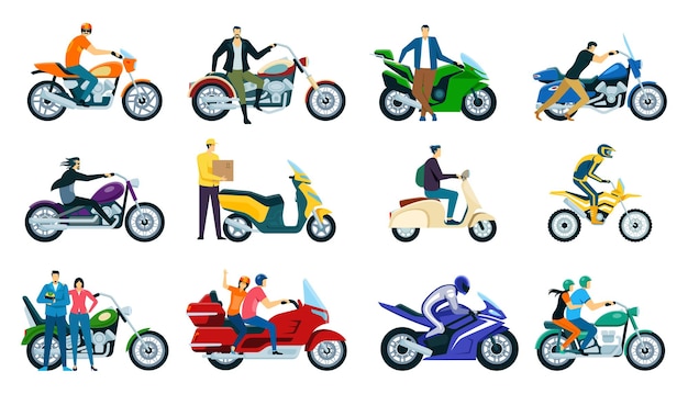 Postacie jeżdżące na motocyklach i skuterach, motocykliści. mężczyźni i kobiety jeżdżący motocyklami, dostawca na skuterze wektor zestaw