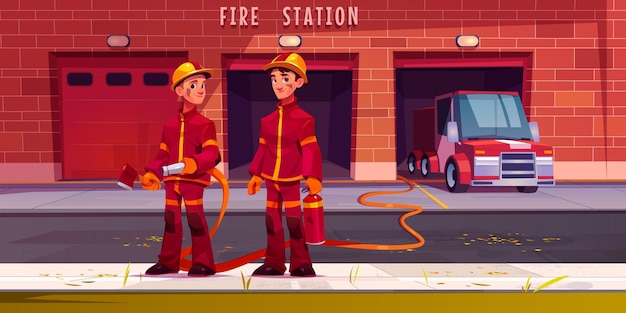 Bezpłatny wektor postacie strażaków w remizie strażackiej z ciężarówką
