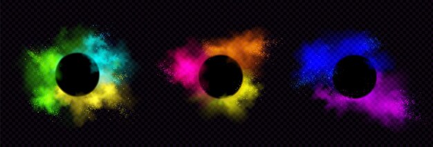 Powder Holi maluje okrągłe ramki, kolorowe chmury lub eksplozje, plamy atramentu, dekoracyjne, żywe bordiury barwnika na czarno