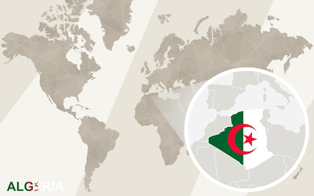 Powiększ mapę i flagę algierii. mapa świata.